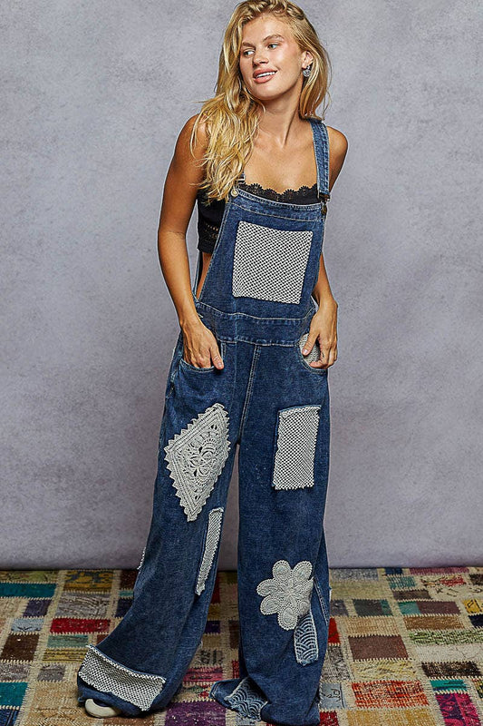 Crochet Contrast Patch Detail Chest Pocket Woven Overalls