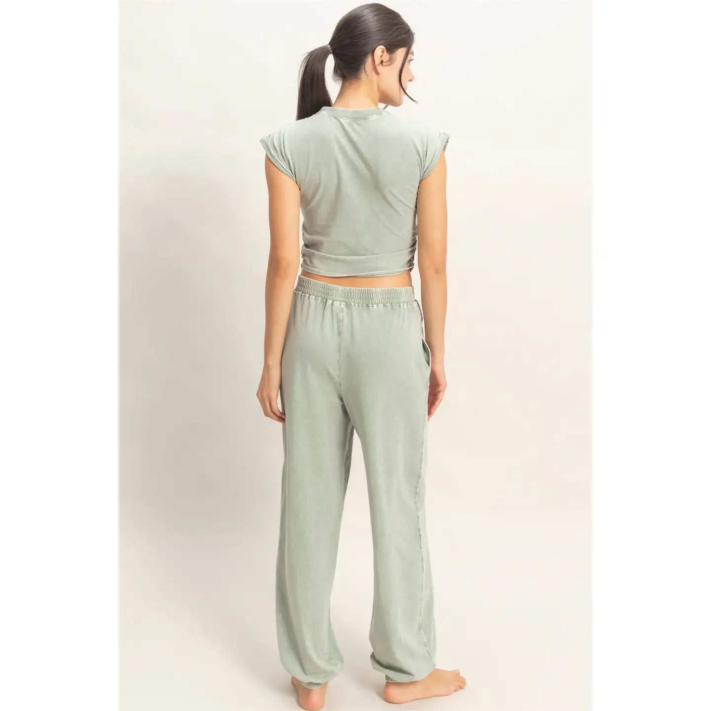 Rolled Sleeve Wrap-Front Crop Top And Jogger Set (Sold As Separates)