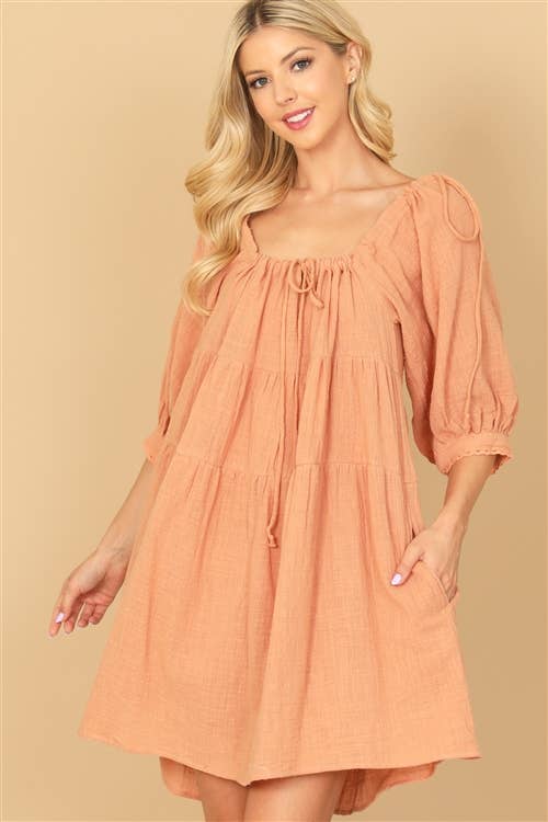 Square Neck Puff Sleeve Solid Babydoll Dress