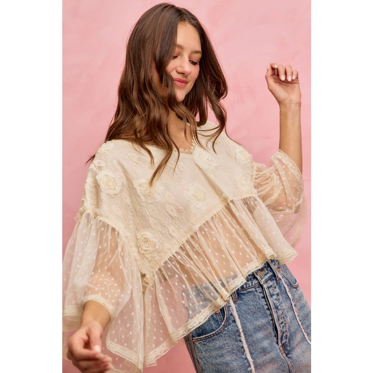 FLORAL APPLIQUE LACE FLOWY V NECK BLOUSE TOP