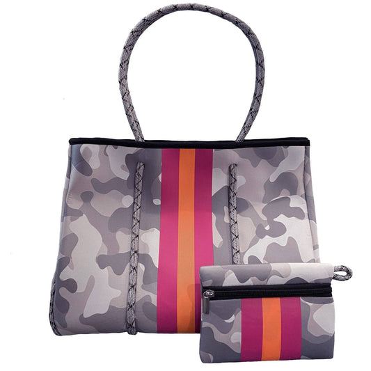 Neoprene Tote Bag Grey Camo w/ Stripes