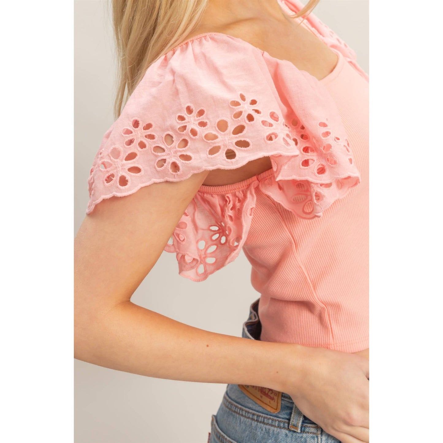 Square Neck Eyelet Sleeve Top