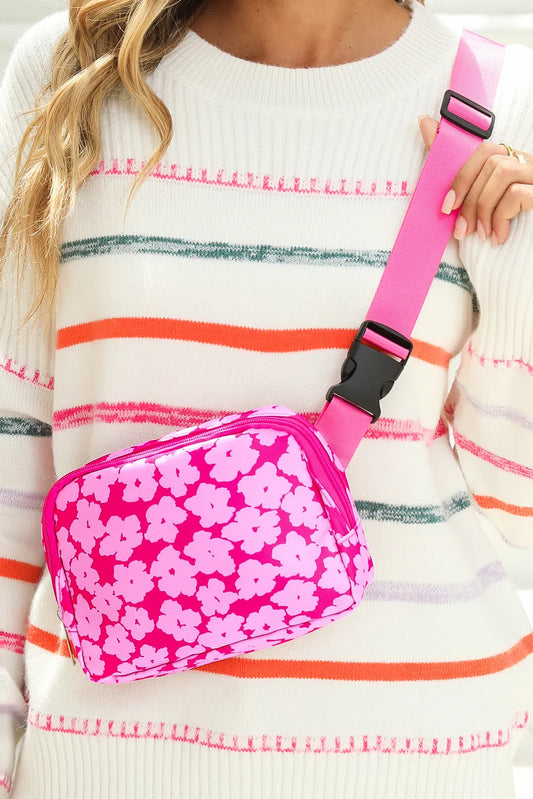 Flower Print Wide Belt Buckle Zipper Crossbody Bag
