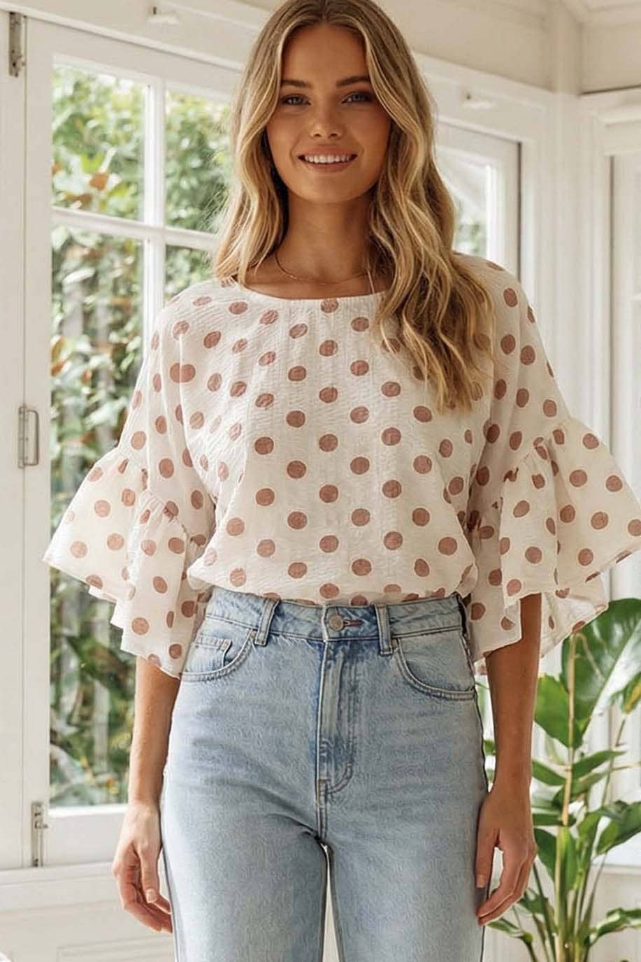 Polka Dot Wild Ruffle Sleeve Flowy Blouse Top