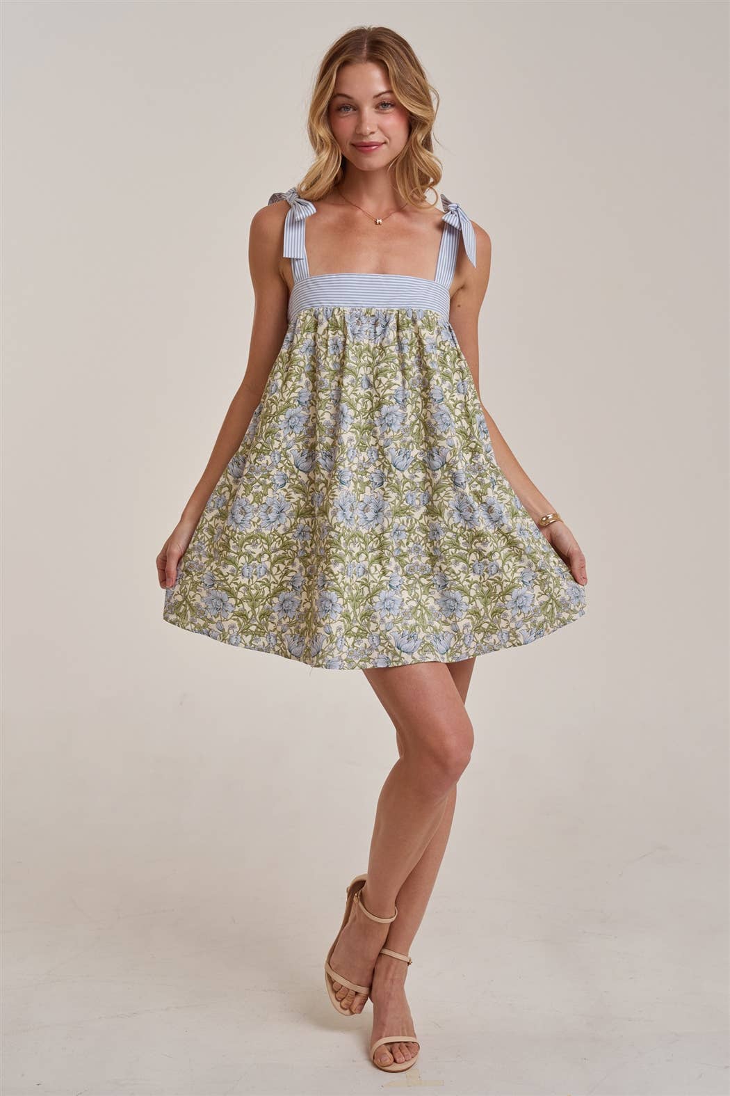 FLORAL BABYDOLL A LINE MINI DRESS WITH STRIPE TIE STRAP