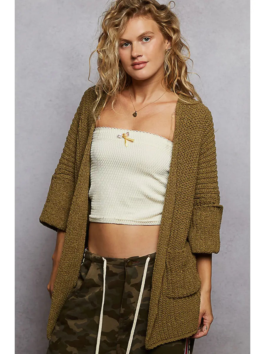 Long Sleeve Pockets Solid Chenille Sweater Cardigan