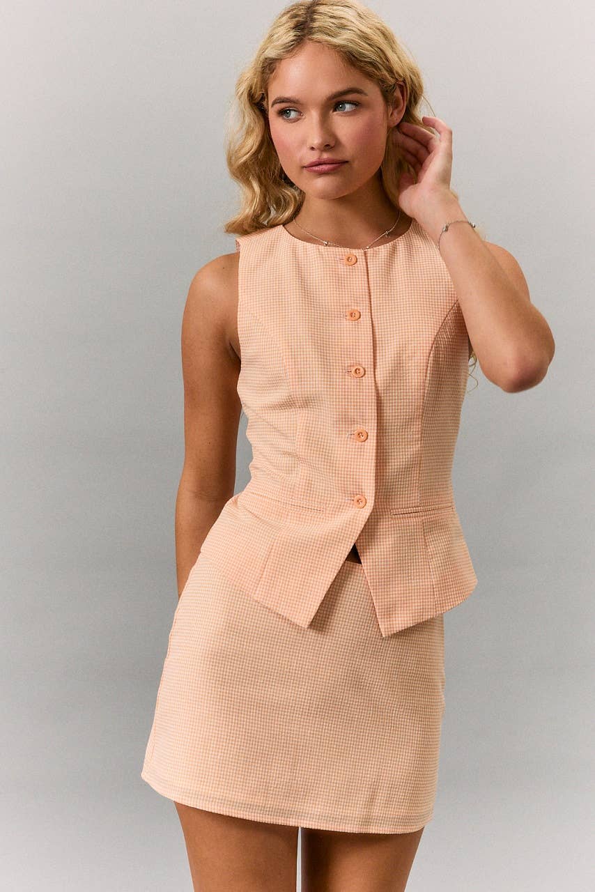 ROUND NECKLINE TOP WITH BUTTON UP FASTENING WITH MINI SKIRT (Sold as Separates)