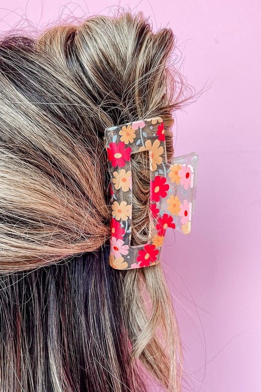Floral Print Clear Plastic Square Hair Claw Clip