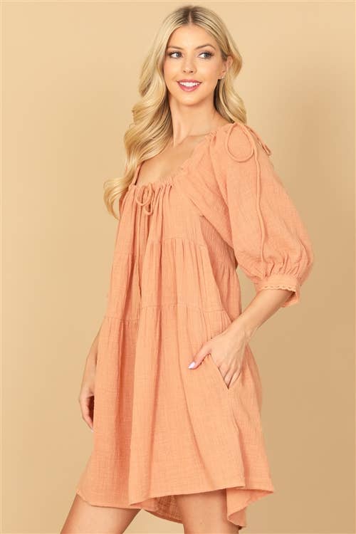 Square Neck Puff Sleeve Solid Babydoll Dress