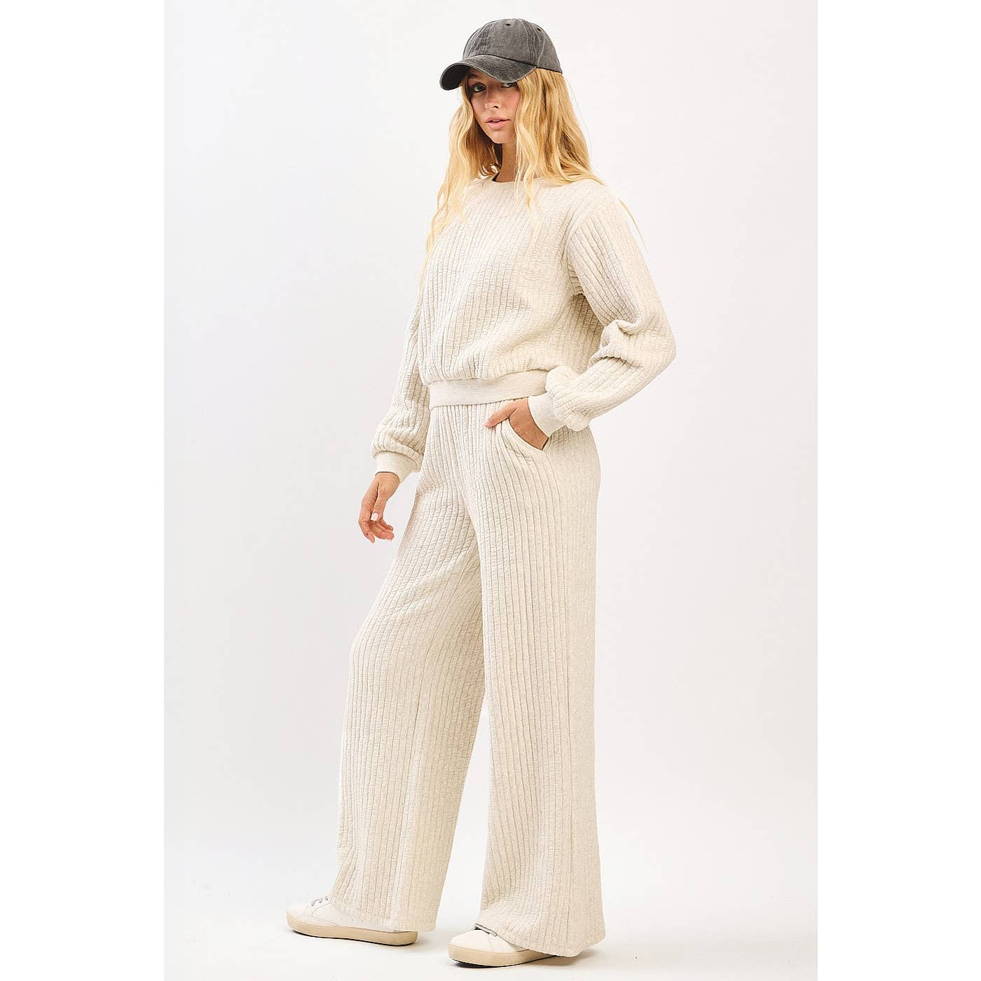 QUILTED CREW NECK SWEATSHIRT AND PANTS SET (Sold as Separates)