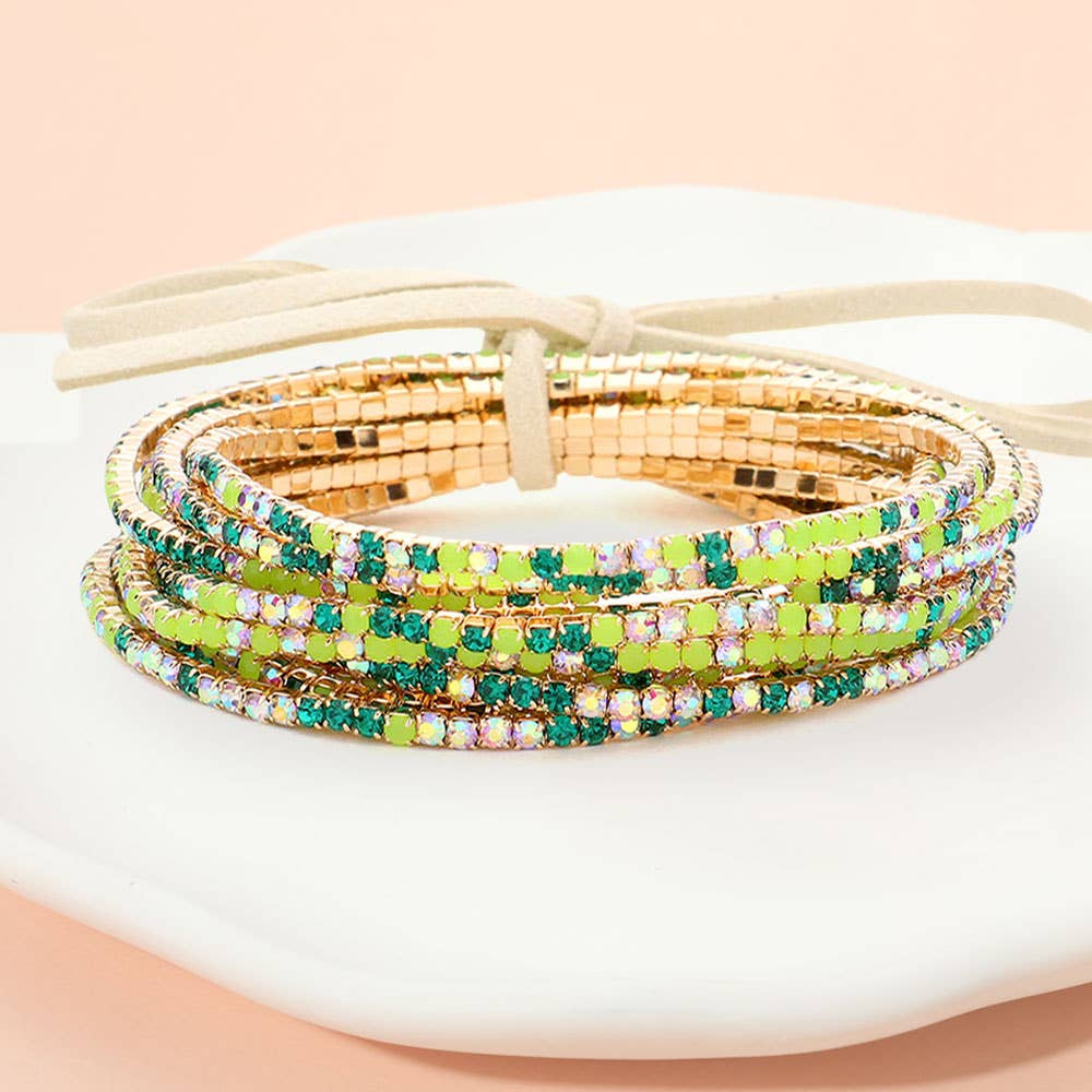 12PCS - Ribbon Pearl Rhinestone Layered Stretch Bracelets