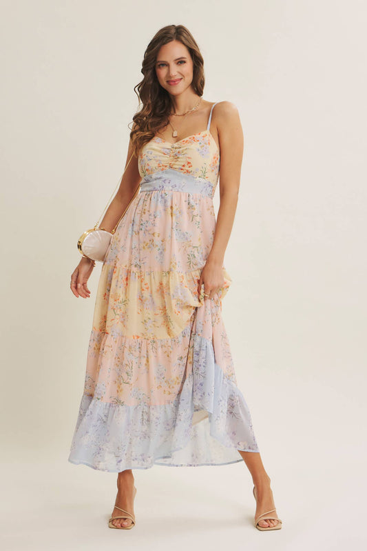 GARDEN PARTY PASTEL FLORAL COLORBLOCK SMOCKED MAXI DRESS