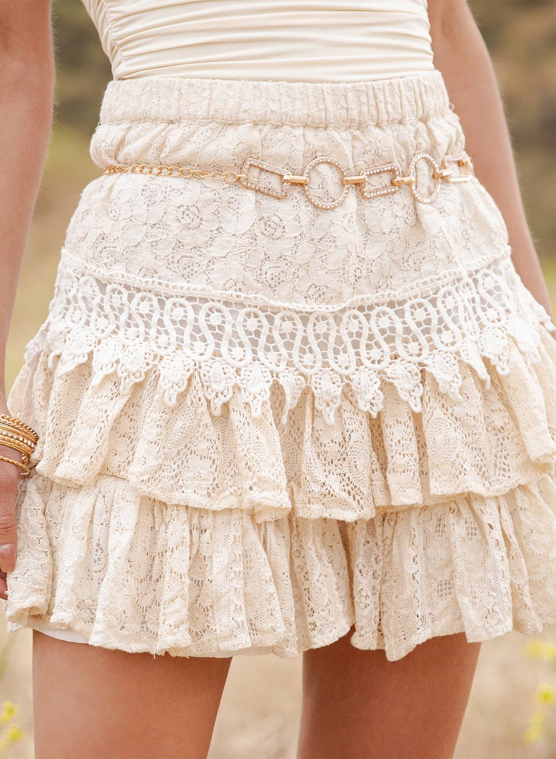 Boho Crochet Lace Tiered Mini Skirt with Ruffle Detail