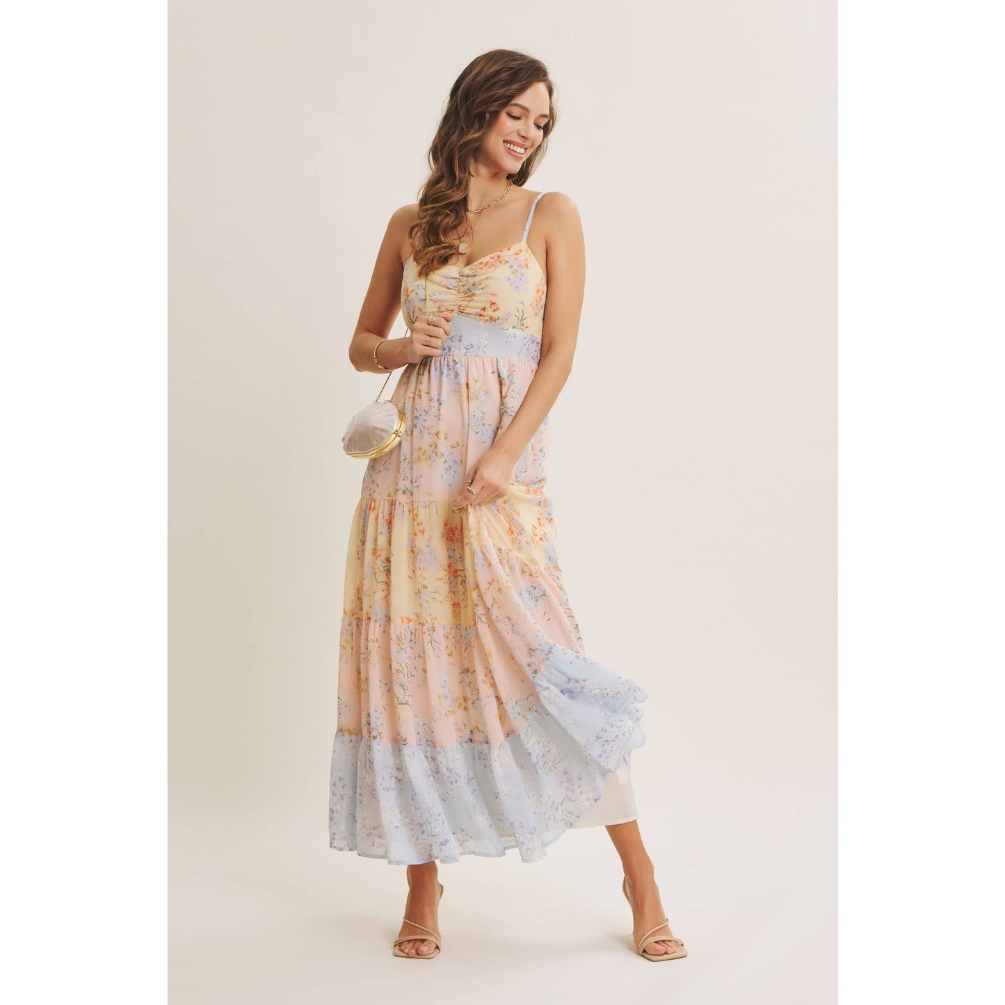 GARDEN PARTY PASTEL FLORAL COLORBLOCK SMOCKED MAXI DRESS