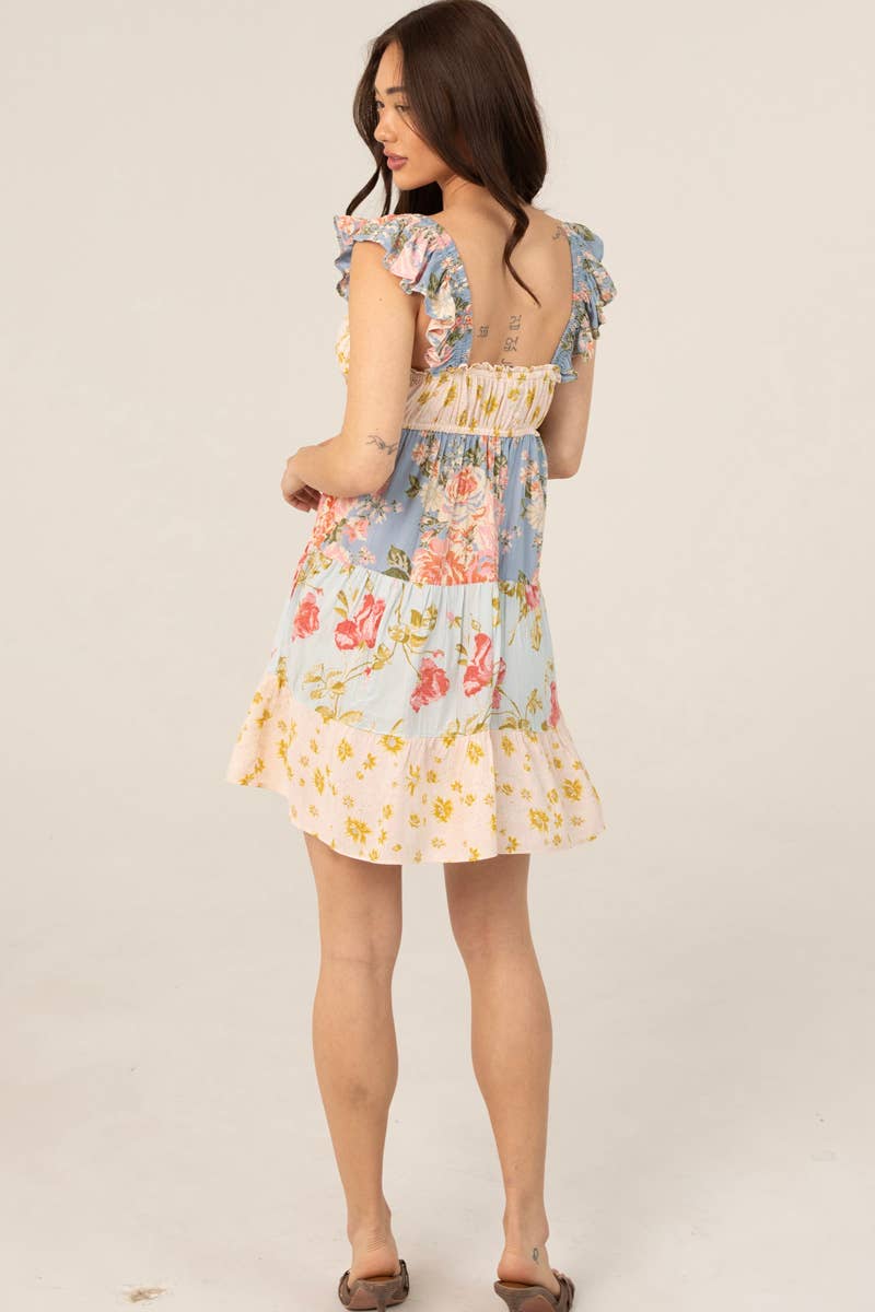 MIX PRINT FLUTTER SLEEVE TIERED SHORT DRESS