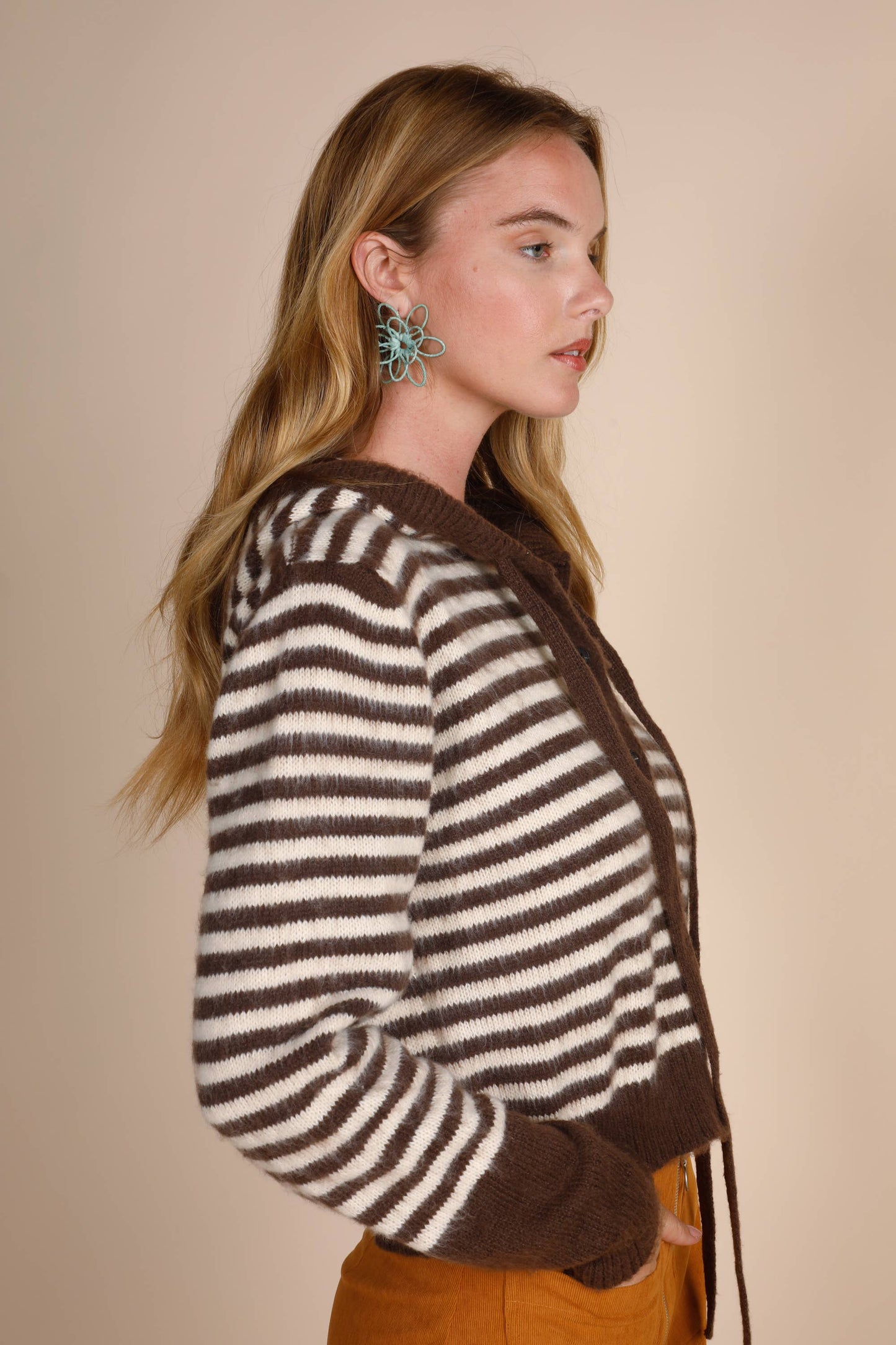 STRIPED BUTTON DOWN HOODIE BOW TIE FRONT SWEATER