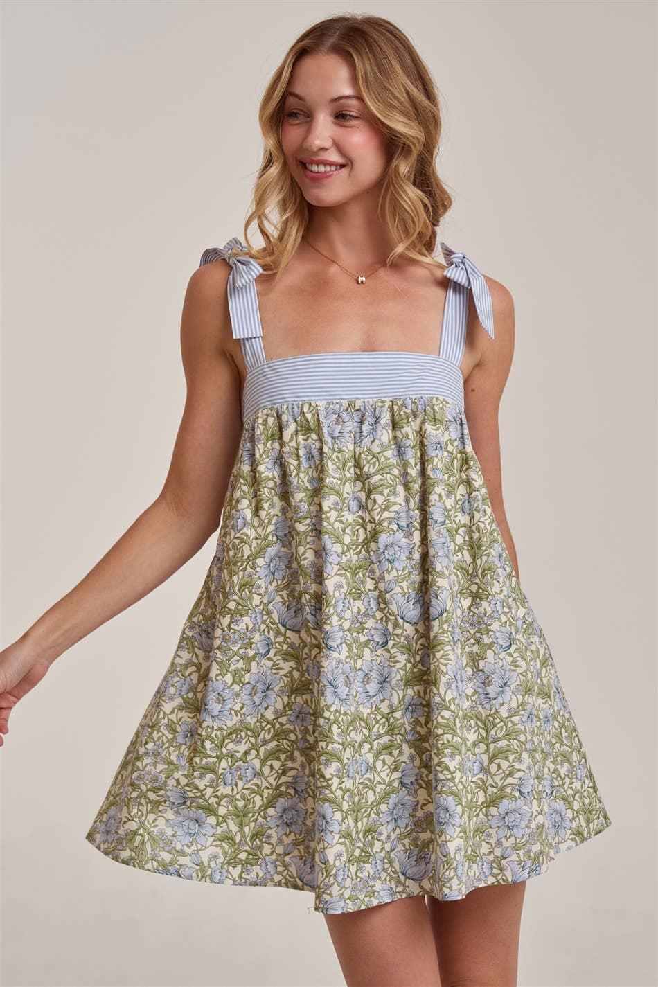 FLORAL BABYDOLL A LINE MINI DRESS WITH STRIPE TIE STRAP