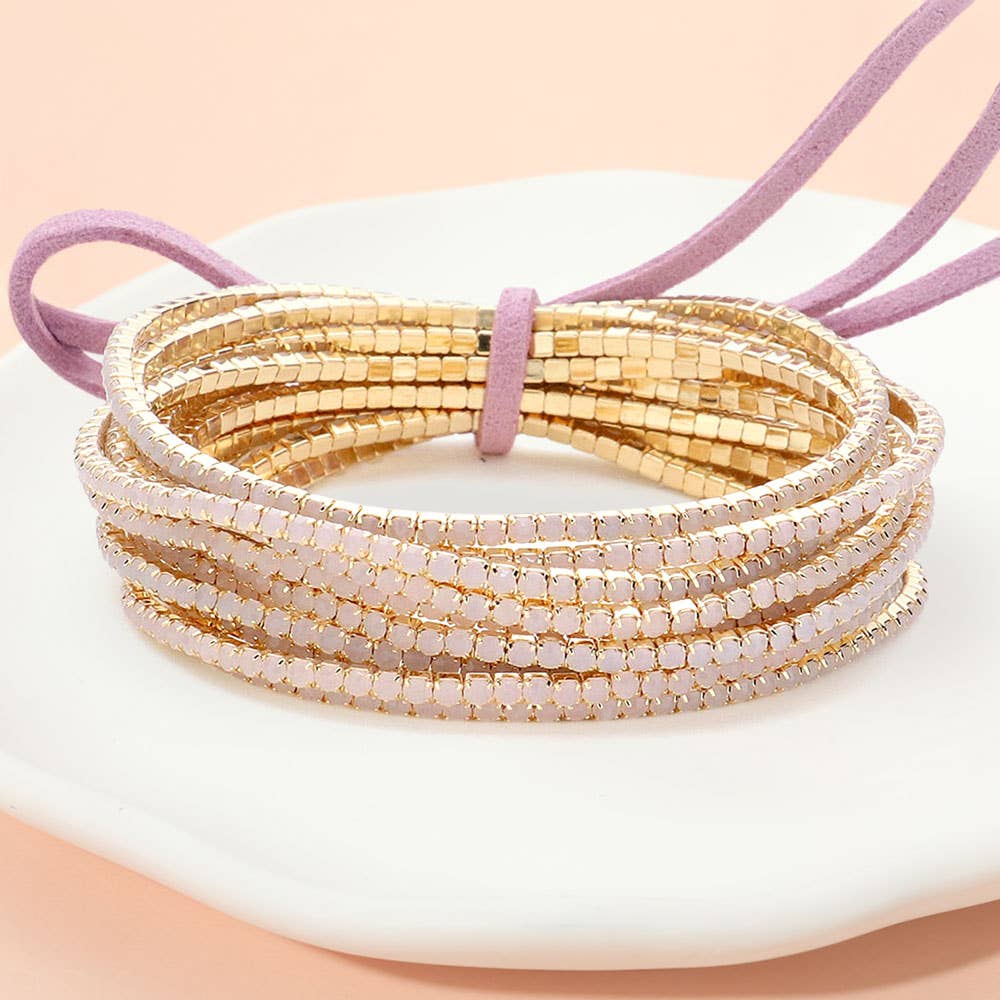 12PCS - Ribbon Pearl Rhinestone Layered Stretch Bracelets