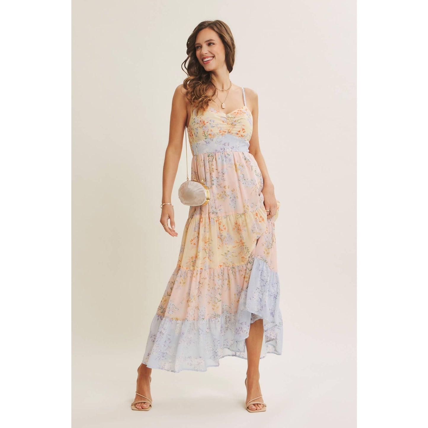 GARDEN PARTY PASTEL FLORAL COLORBLOCK SMOCKED MAXI DRESS