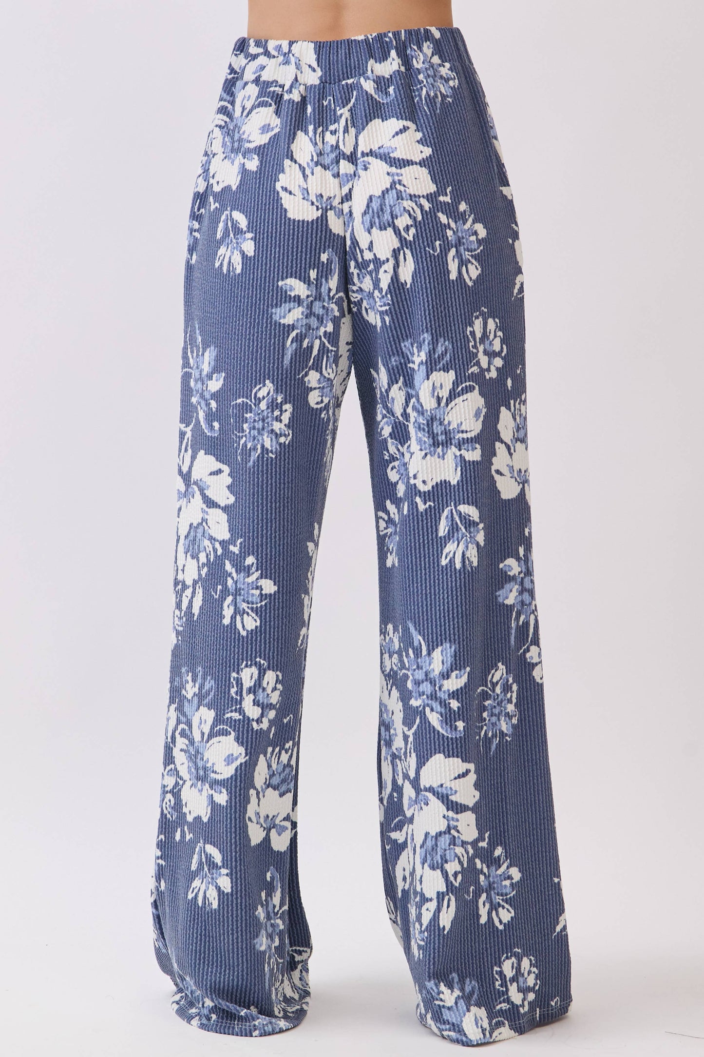 Floral Print Rib Knit Wide-Leg Pants
