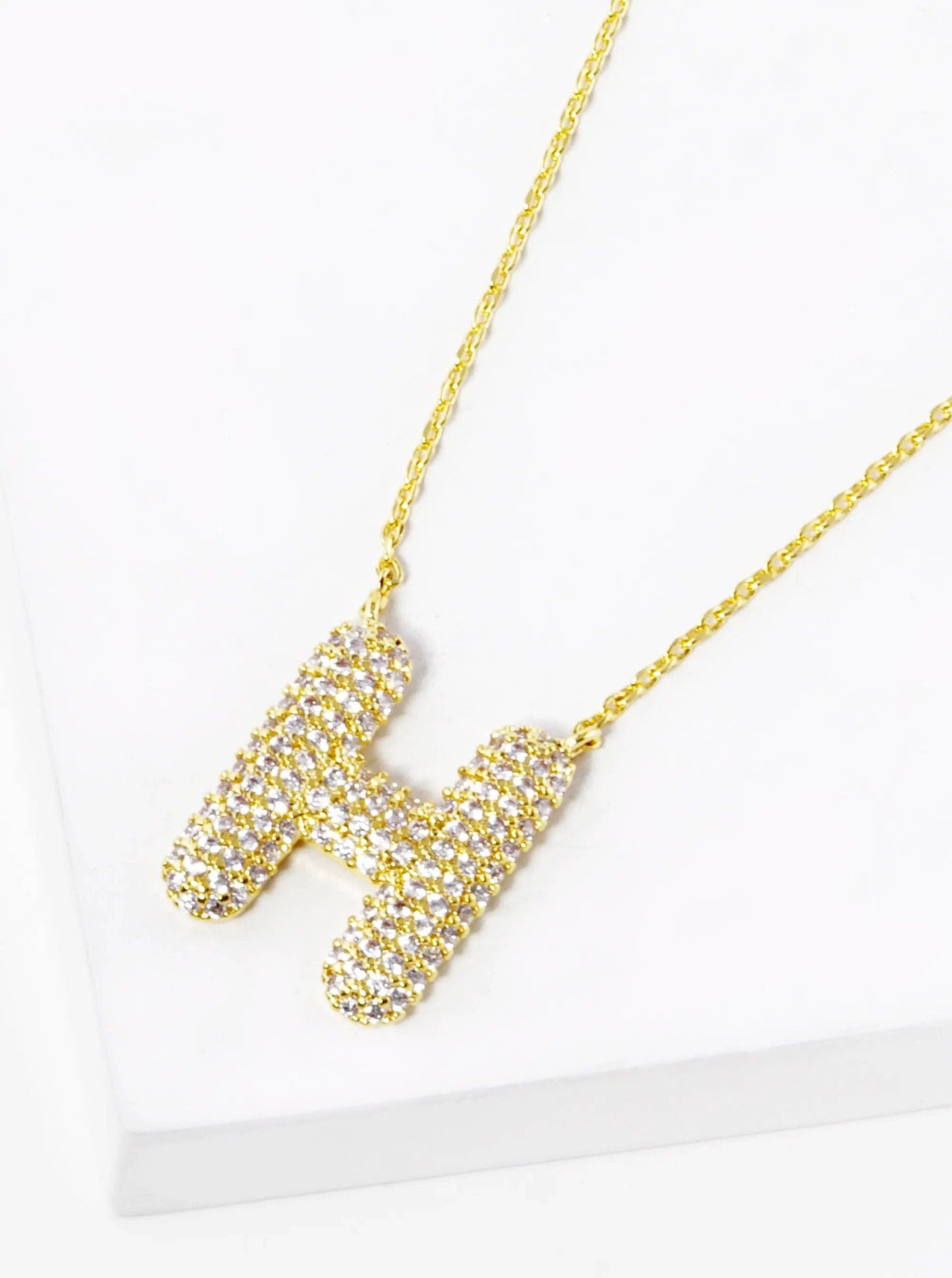 18K Gold Dipped Cz Pave Bubble Initial Pendant Necklace