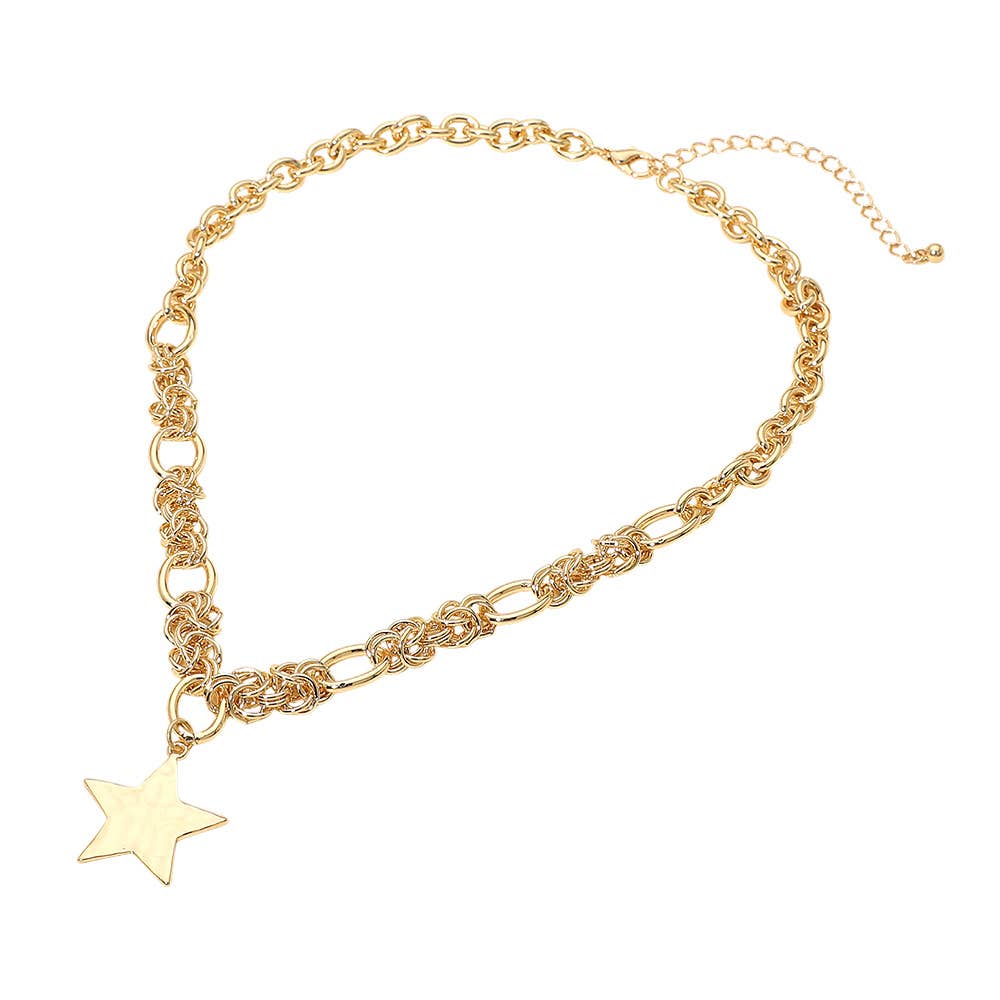 Hammered Metal Star Pendant Chunky Mixed Chain Necklace