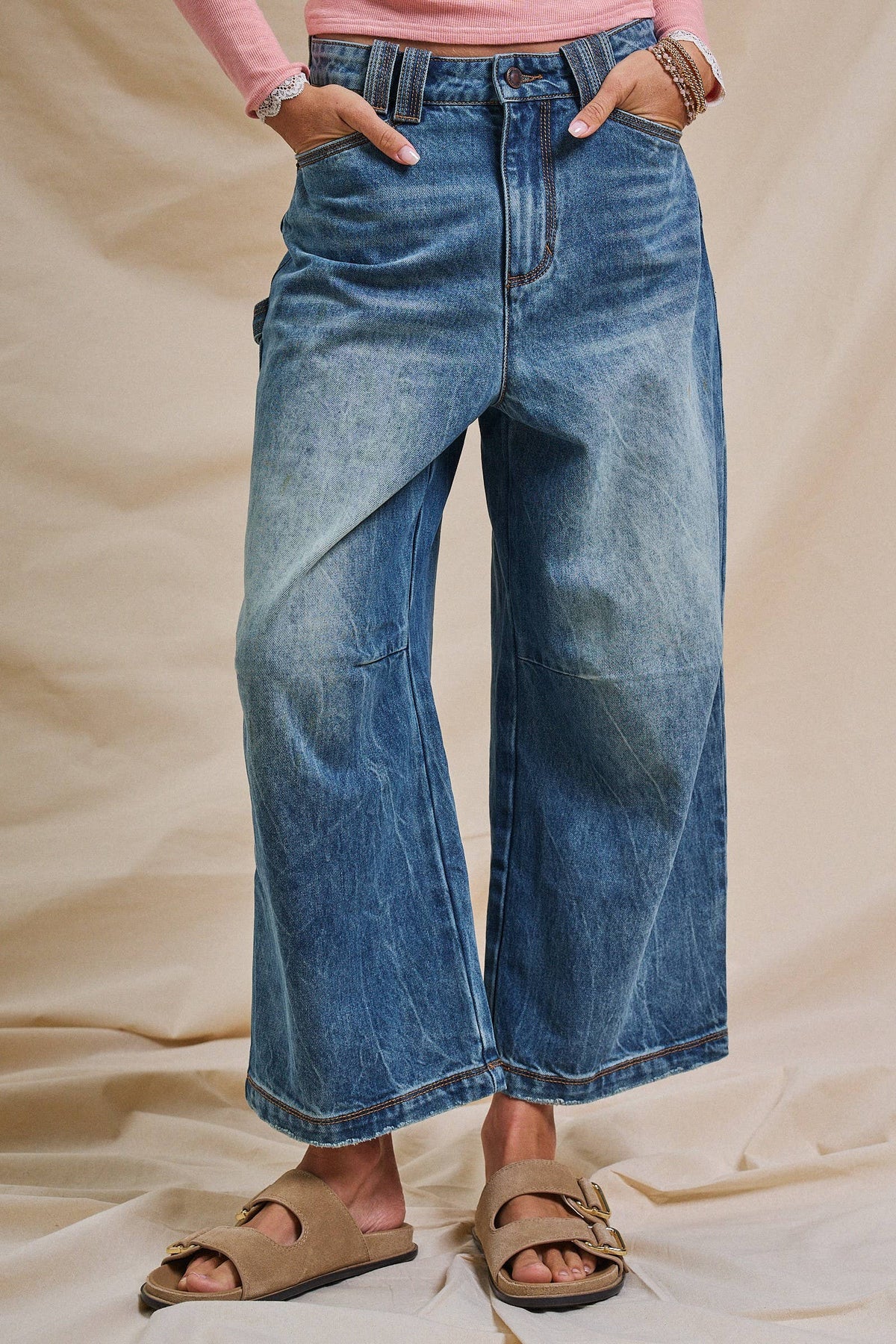 Vintage Wash Cropped Wide-Leg Jeans