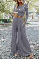 Solid Color Ribbed Crop Top Long Pants Set (Sold as Separates)