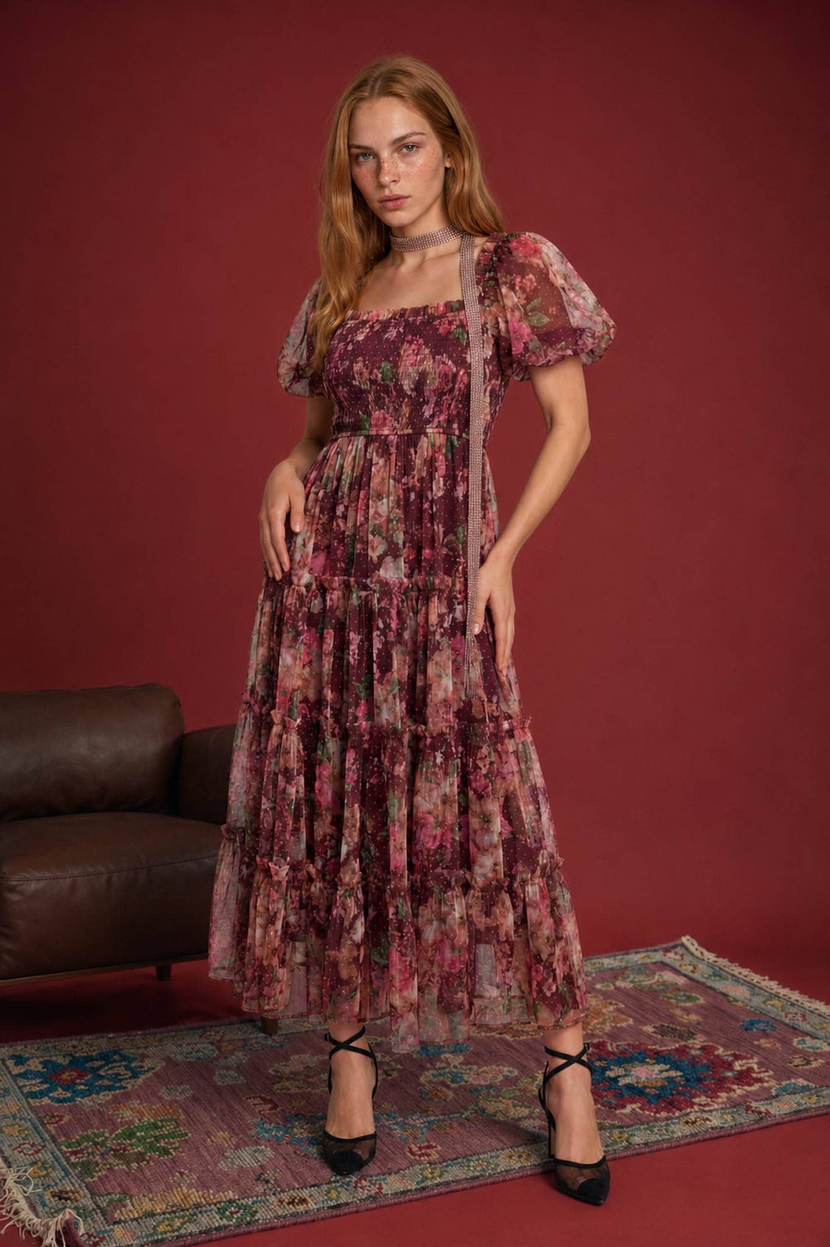 FLORAL POLKA DOT TULLE PUFF SLEEVE MIDI DRESS