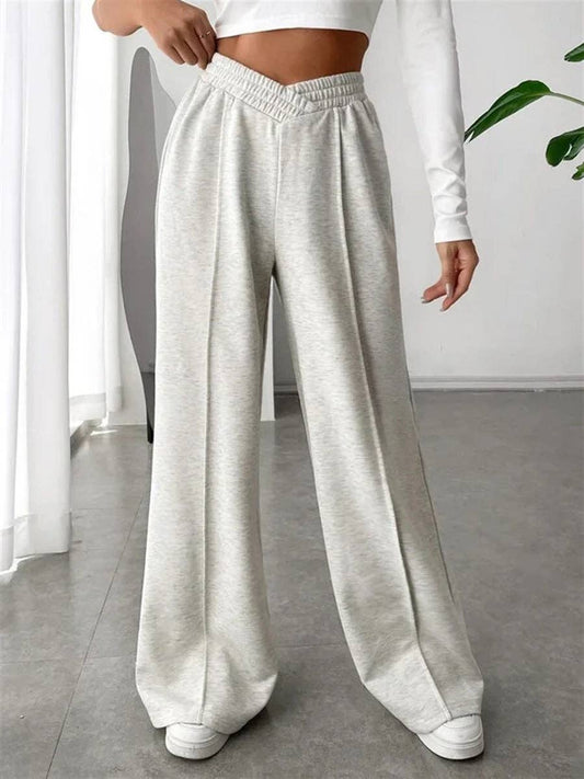 Ladies Solid Color Trendy Wide Stright Leg Sweat Pants