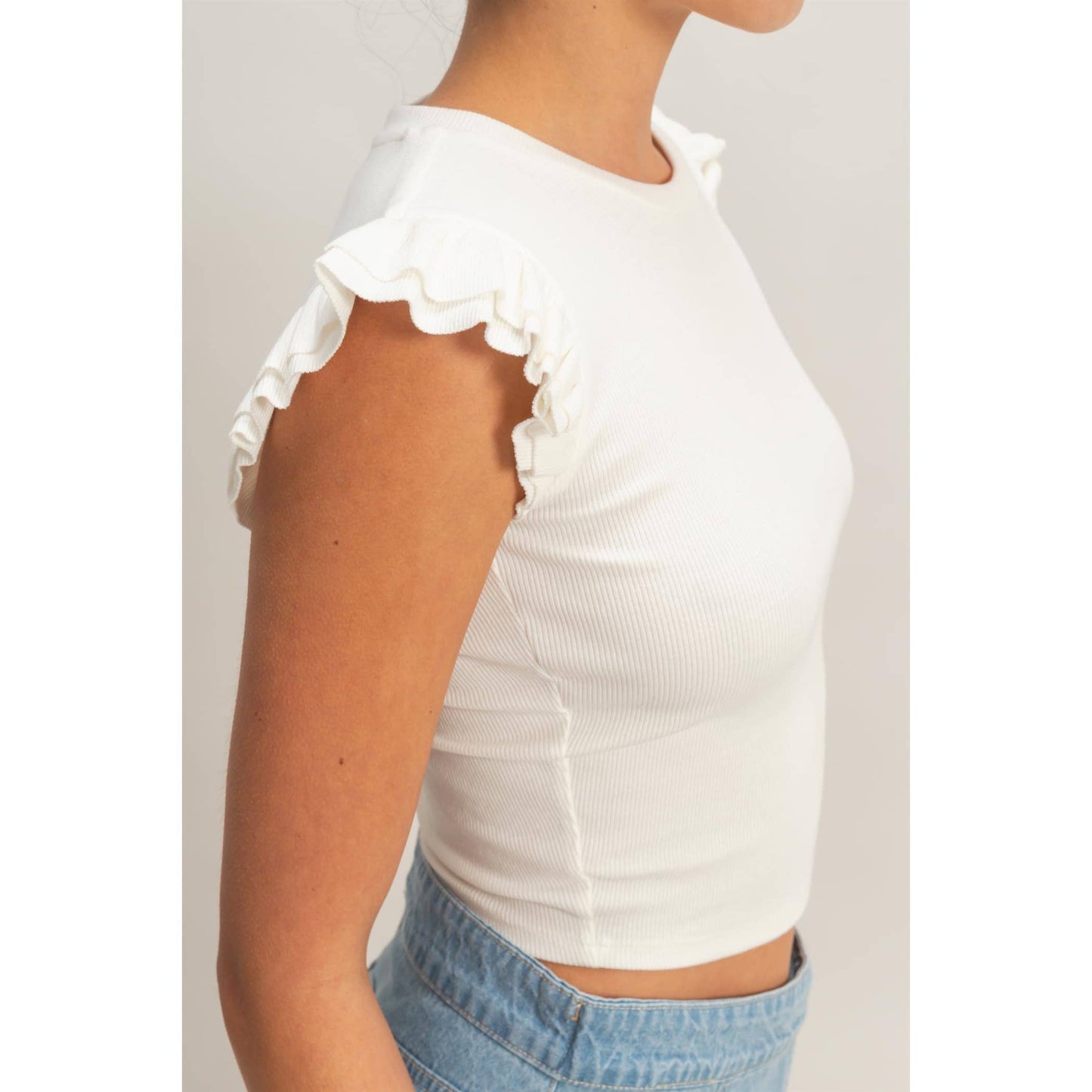Flutter Sleeve Ribbed Cropped Top