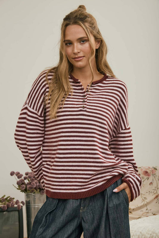BUTTON HENLEY STRIPE LONG SLEEVE DROP SHOULDER SWEATER