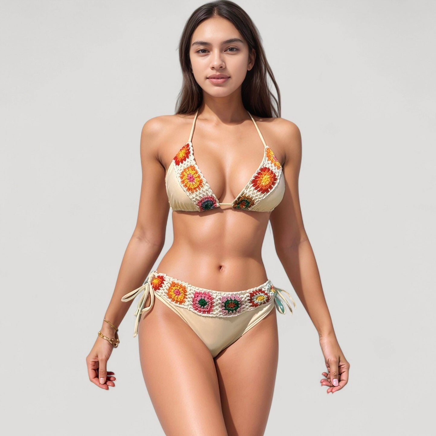 Crochet Detail Triangle Bikini Set with Adjustable Ties (Sold as Separates)