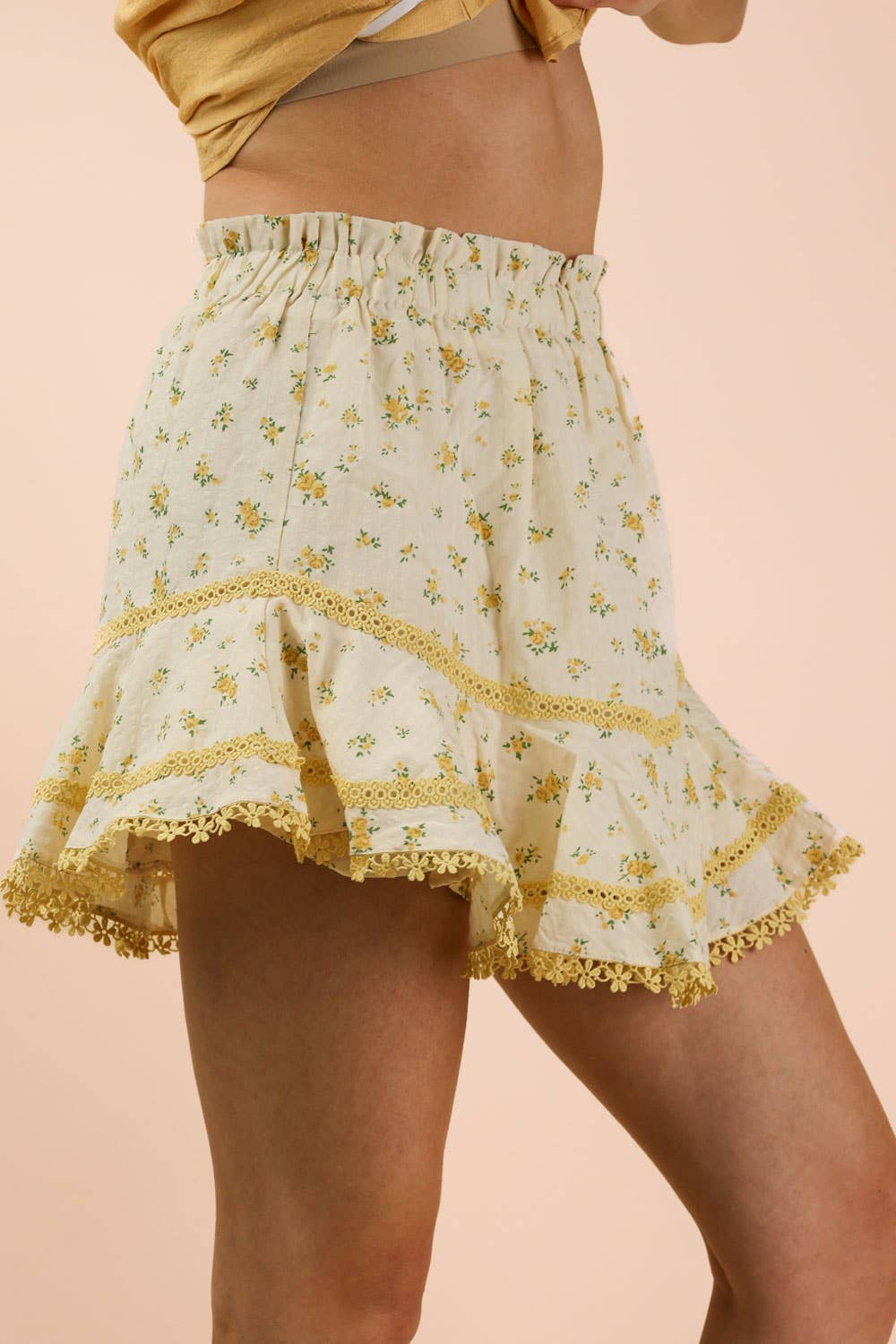 Floral Printed Ruffled Shorts W/ Crochet Trim