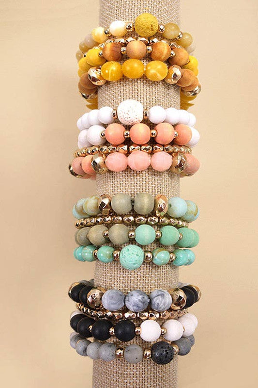 WOOD GLASS CCB 4 ROW STRETCH BRACELET SET