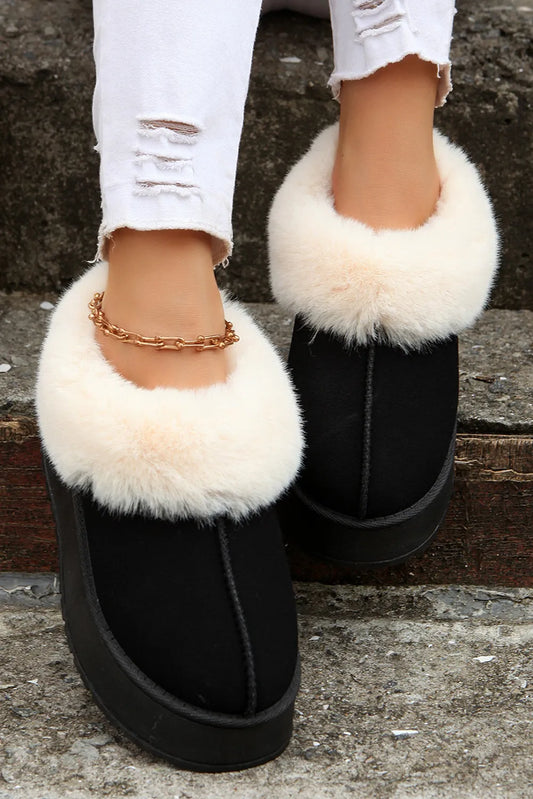 Plush Suede Trim Thick Sole Flat Snow Boots