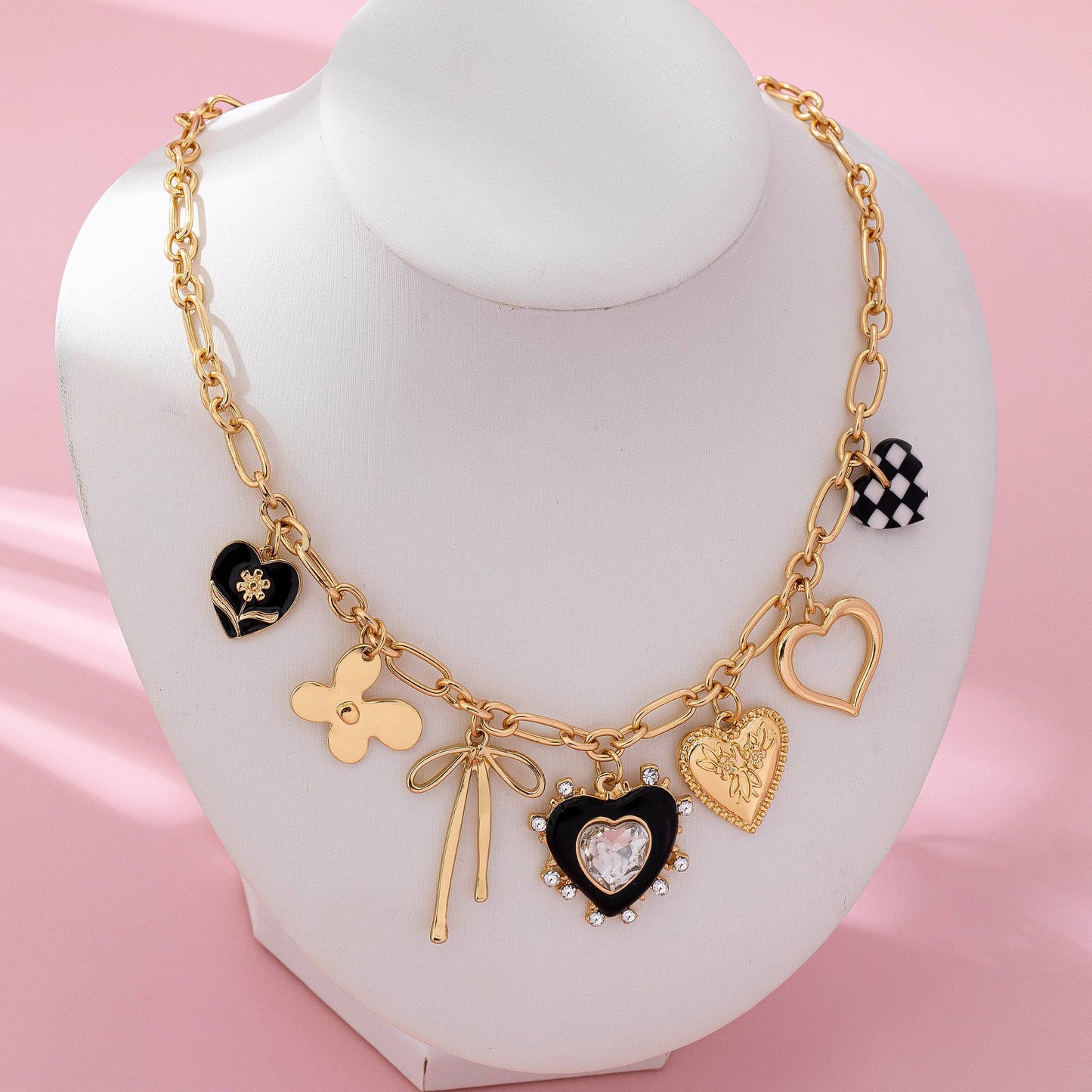 CHARM NECKLACE-BOW CHECKER HEART RHINESTONE