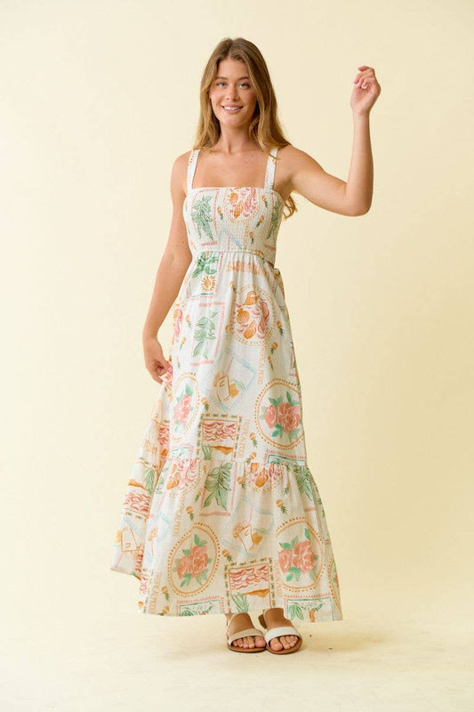 TROPICAL SMOCKING MAXI TIERED DRESS