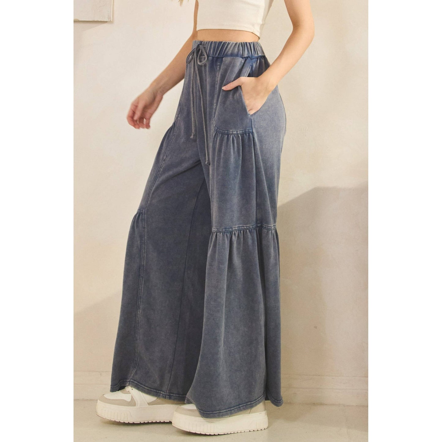 WASHED TIERED WIDE-LEG DRAWSTRING PANTS