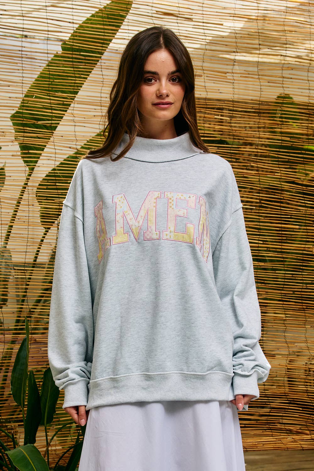 "AMEN" Patchwork Mock Neck Sweatshirt