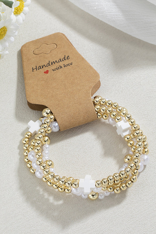 Cross Pearl Décor Beaded Elastic Multi Layered Bracelet