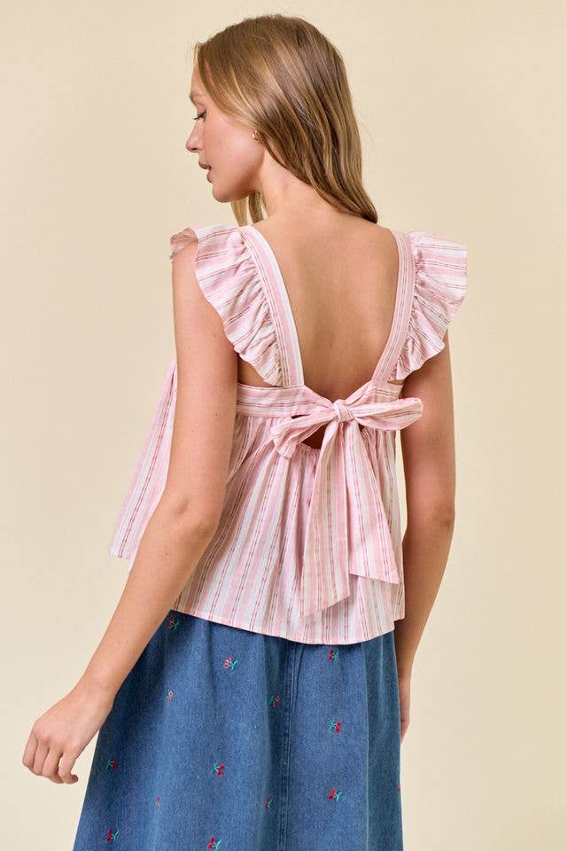 Striped Ruffle Cap Sleeve Top W/ Tie Back Detail