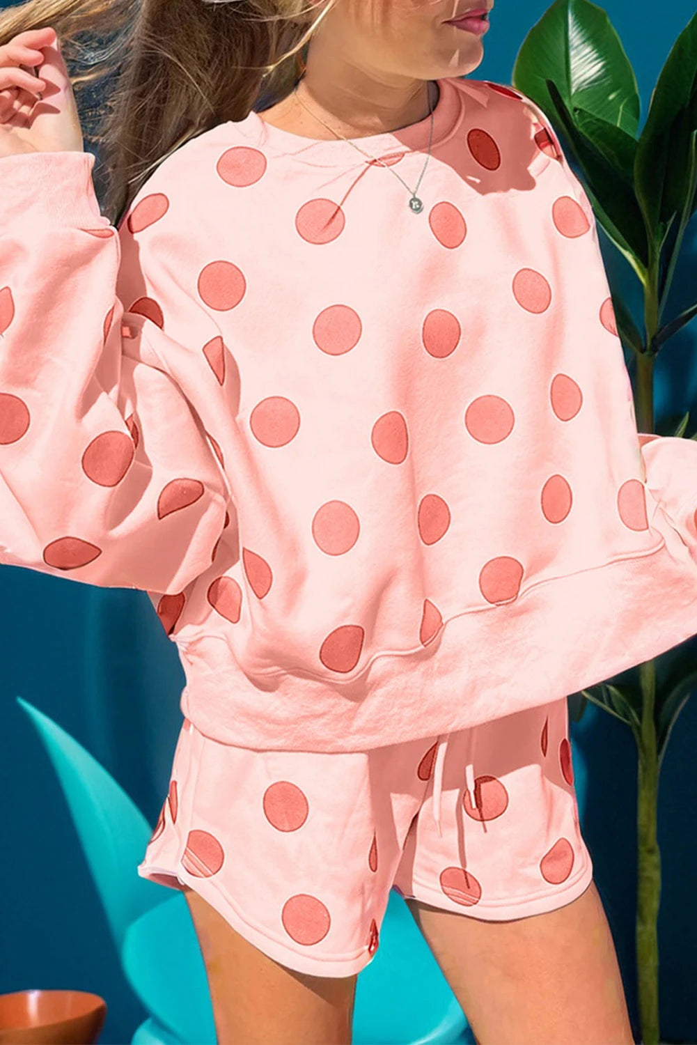 Polka Dot Print Drop Shoulder Pullover Drawstring Shorts Set (Sold as Separates)
