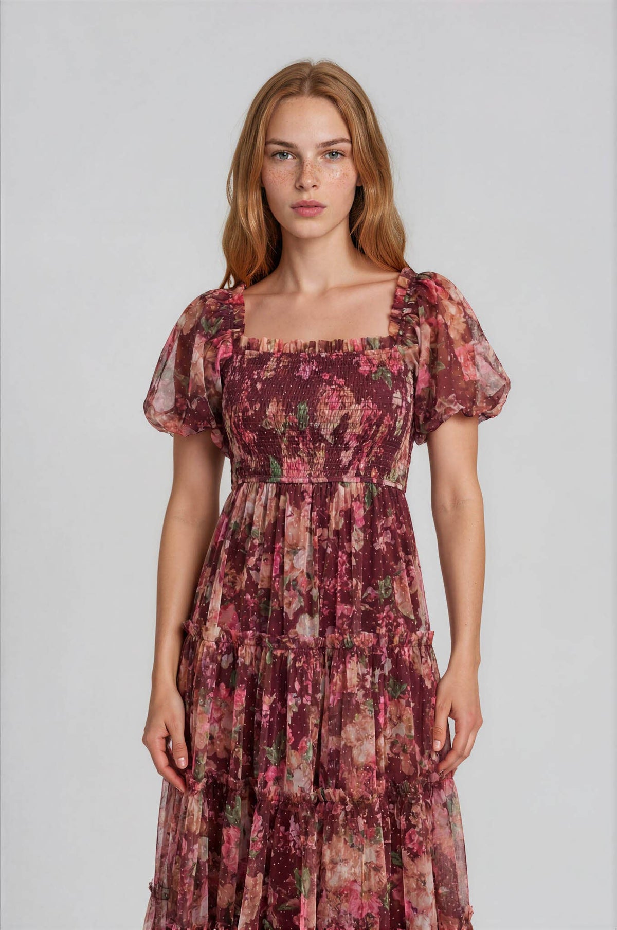 FLORAL POLKA DOT TULLE PUFF SLEEVE MIDI DRESS