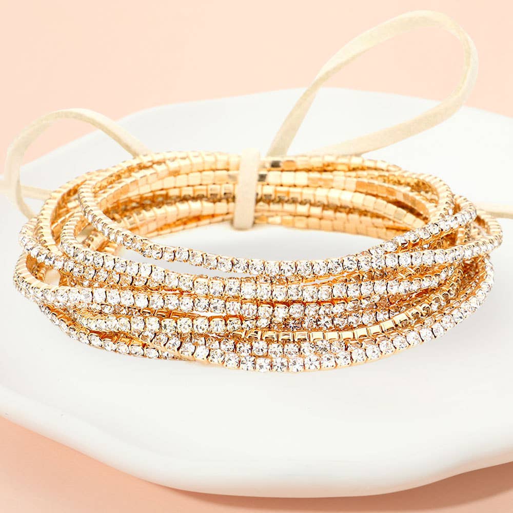 12PCS - Ribbon Pearl Rhinestone Layered Stretch Bracelets