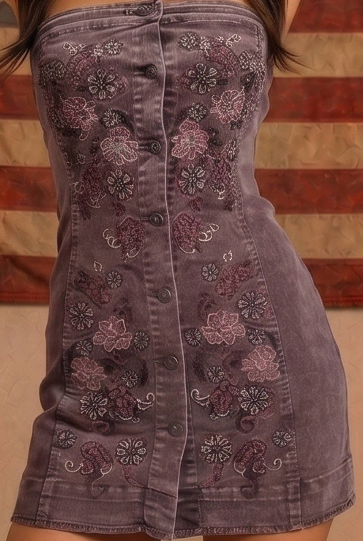 Embroidered Button Up Tube Denim Dress