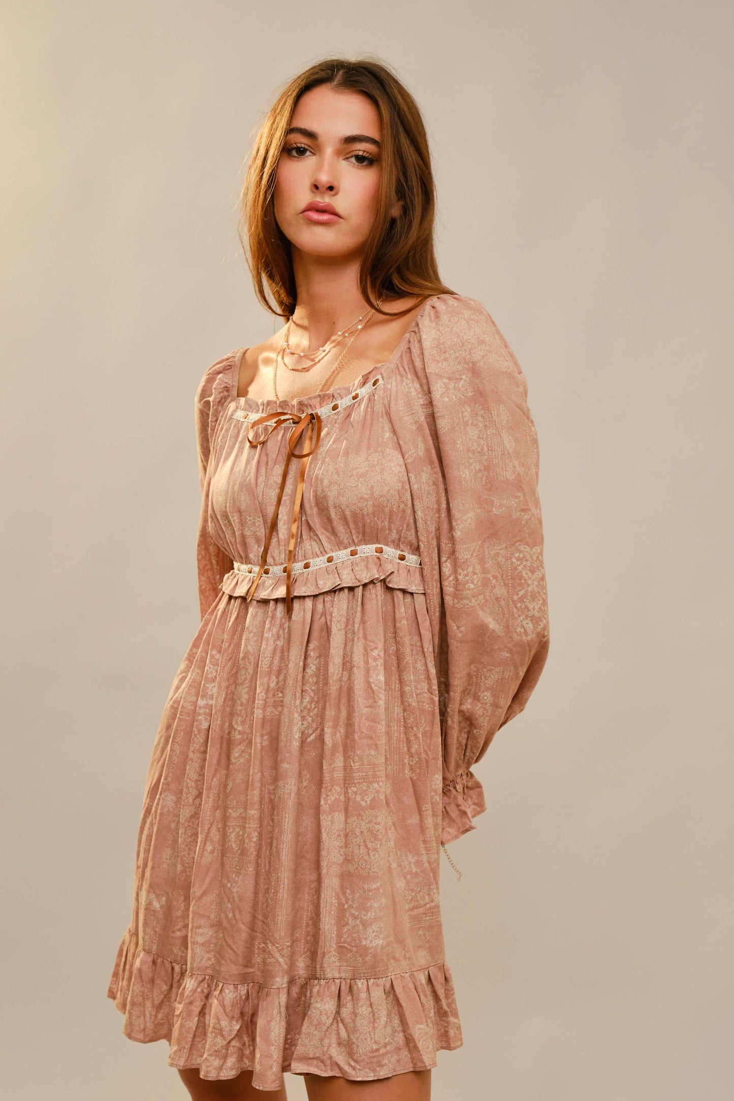 Bohemian Print Ribbon Detail Mini Dress