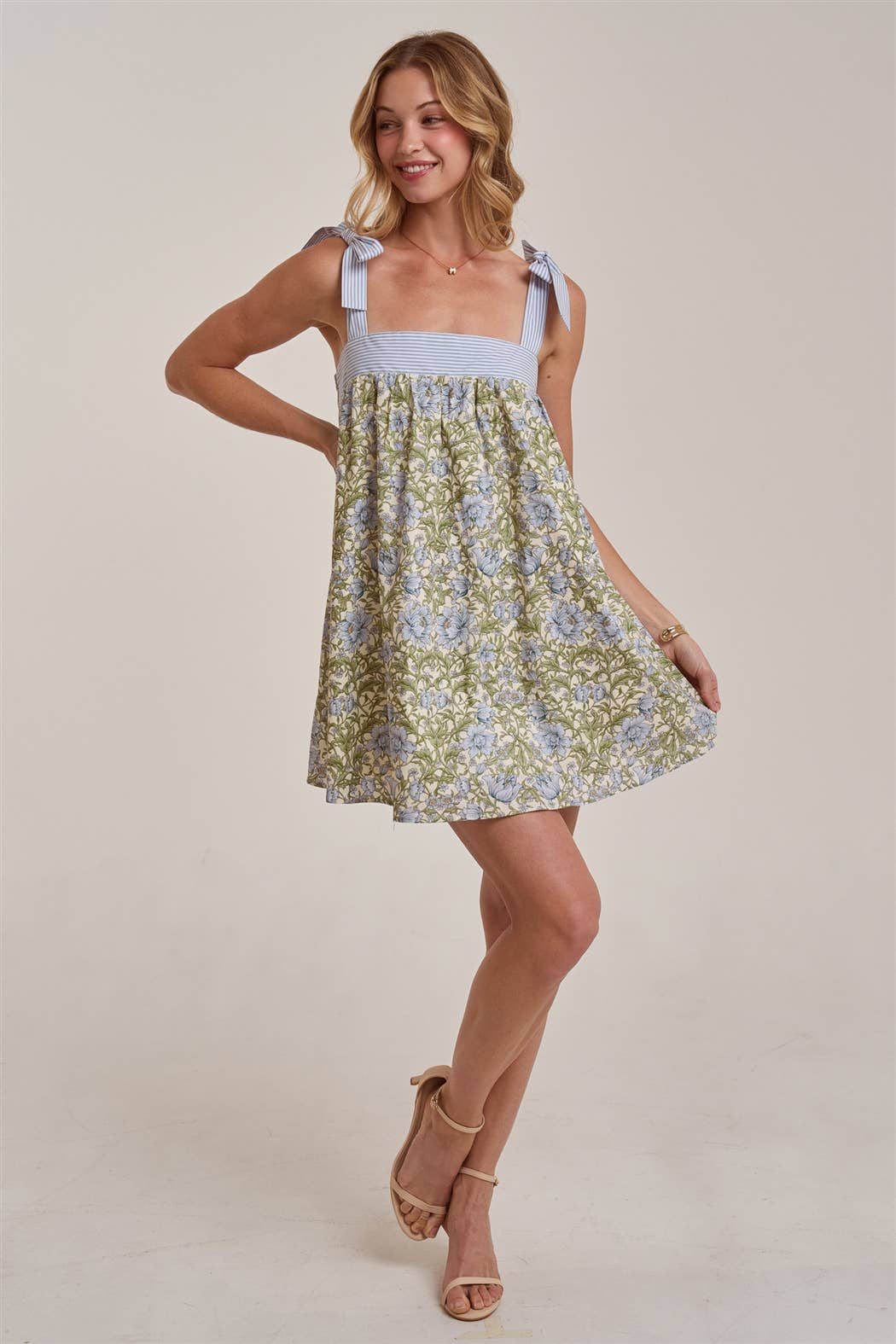 FLORAL BABYDOLL A LINE MINI DRESS WITH STRIPE TIE STRAP