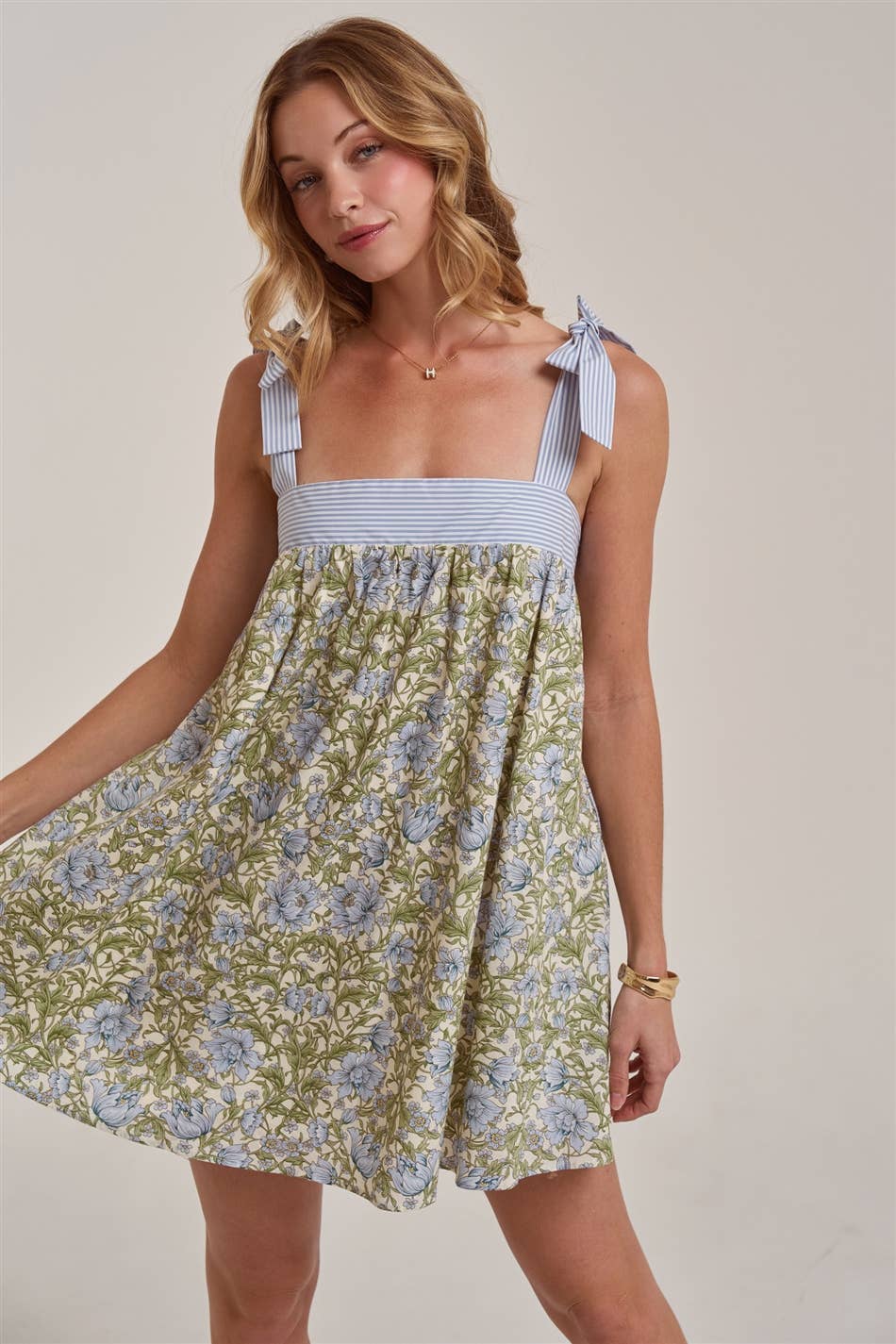 FLORAL BABYDOLL A LINE MINI DRESS WITH STRIPE TIE STRAP