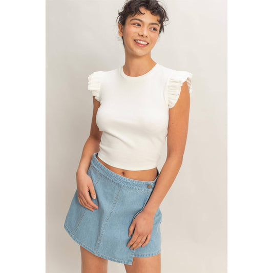 Flutter Sleeve Ribbed Cropped Top